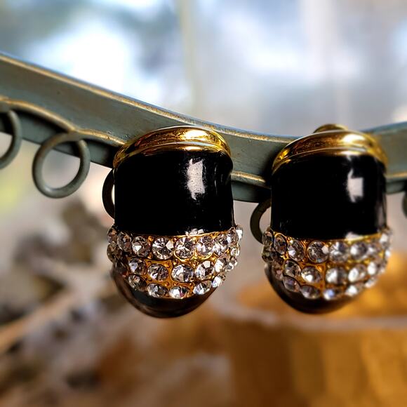 Black and Gold Enamel Clip-On Earrings with Rhinestones - Picture 3 of 10